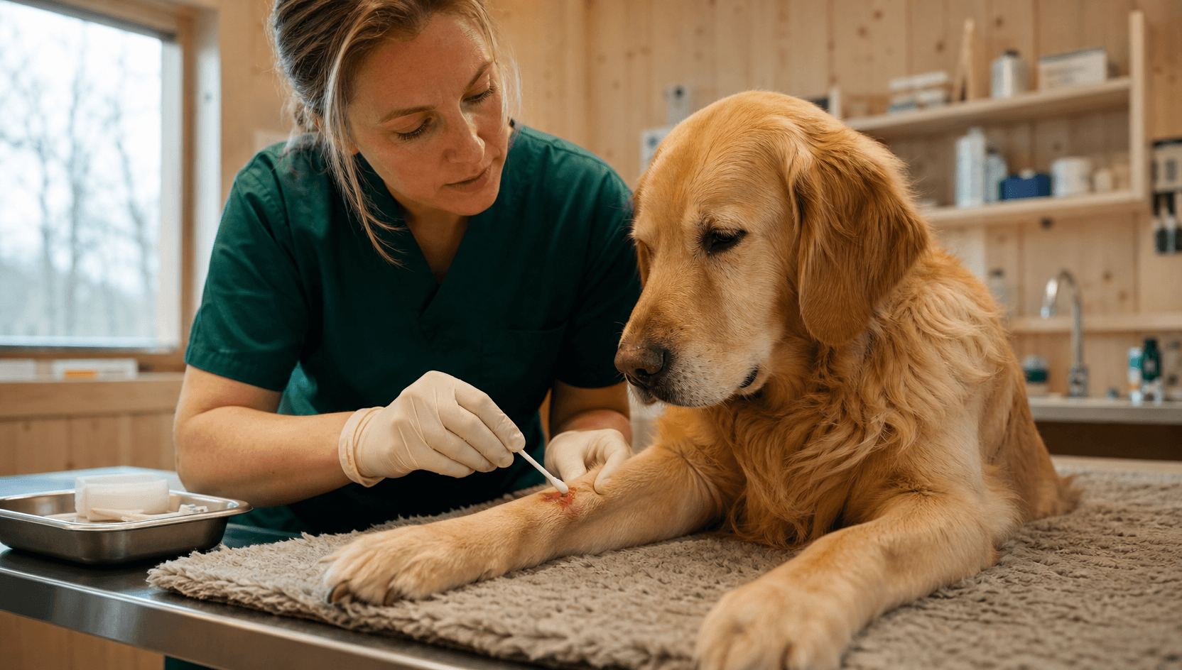 Sårvård - veterinär rengör sår på hund med bomullspinne och koksalt.