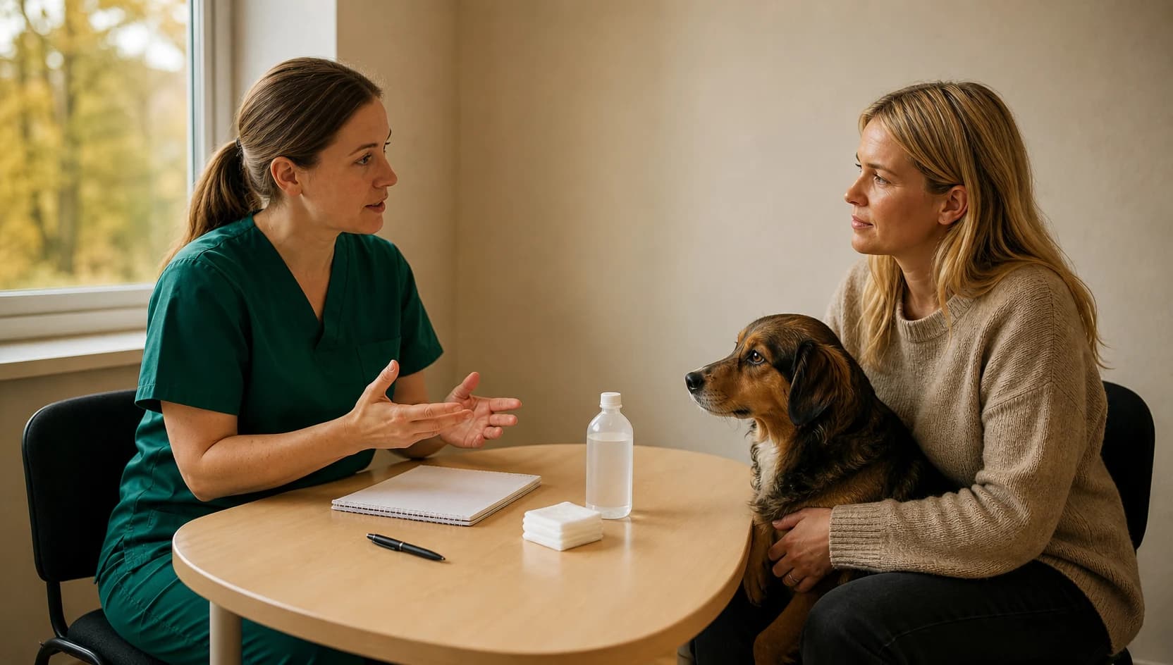 Veterinär i mörkgröna scrubs förklarar pris för sårvård med djurägare.