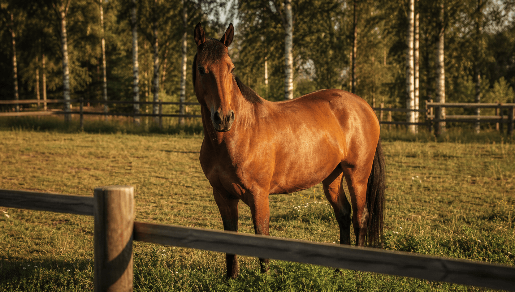 Frisk häst rör sig kontrollerat i paddock efter sårvård.