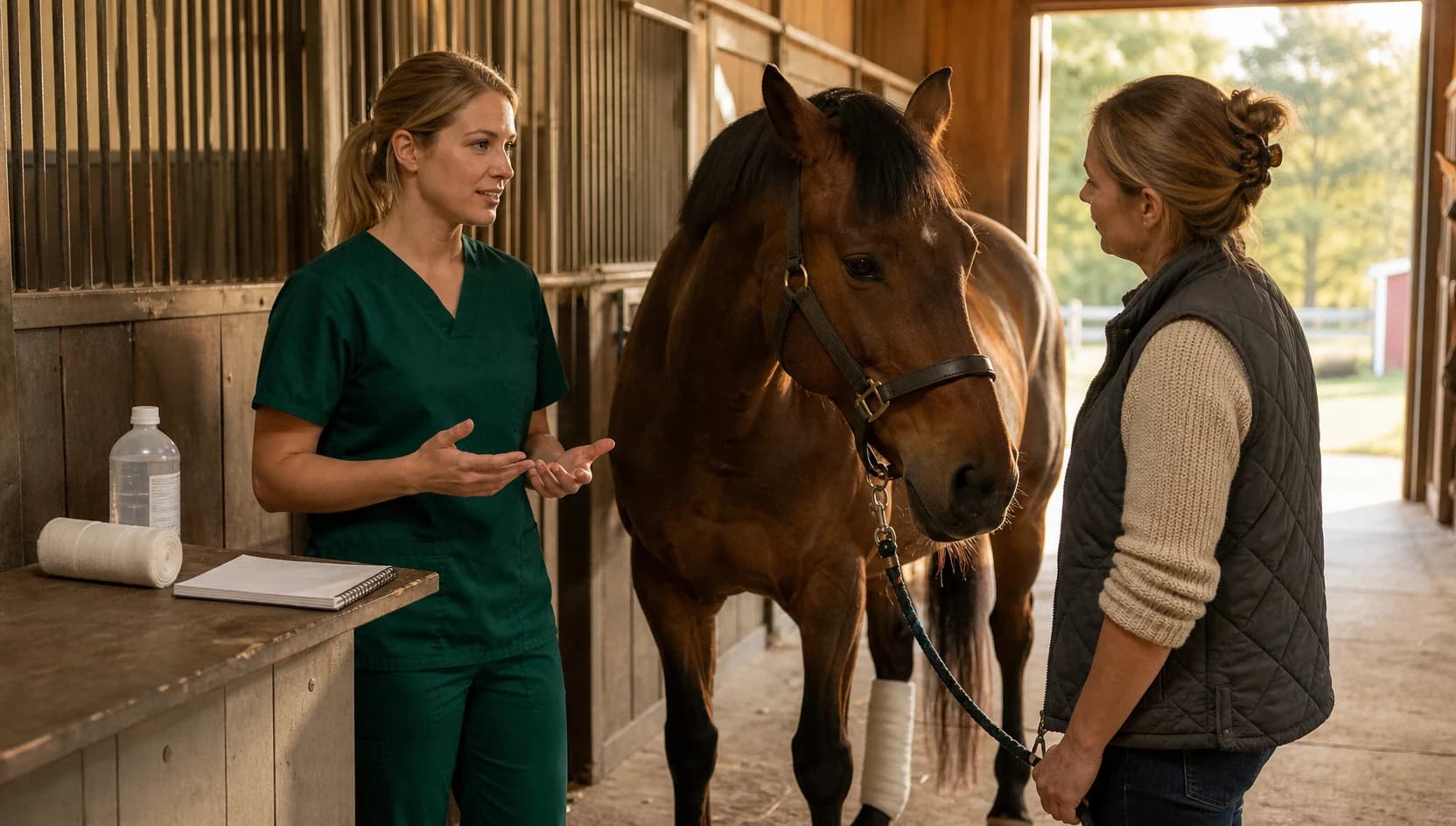 Hästveterinär i mörkgröna scrubs förklarar pris för sårvård i stall.