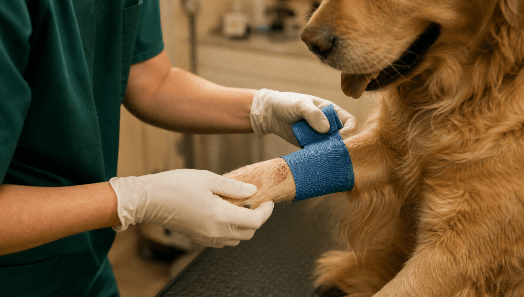 Närbild av självhäftande bandage runt hundens framben efter sårvård.