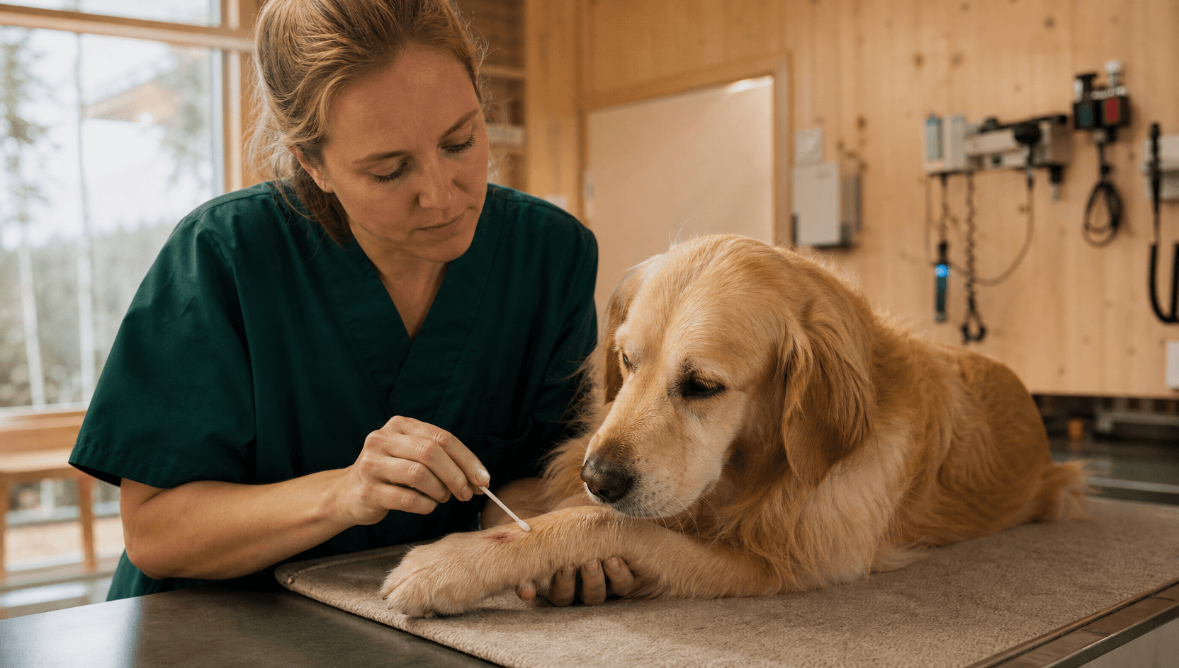 Sårvård hund - veterinär rensar sår på hundens framben med bomullspinne och koksalt.