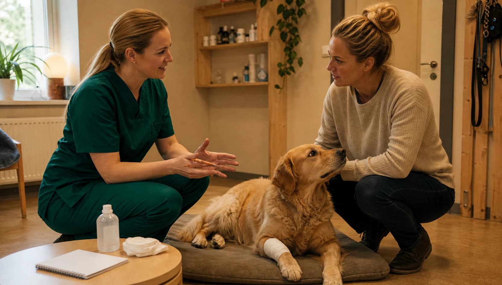 Veterinär i mörkgröna scrubs går igenom pris för sårvård av hund.