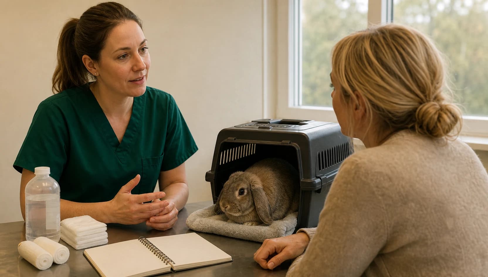 Veterinär i mörkgröna scrubs förklarar pris för sårvård av kanin.