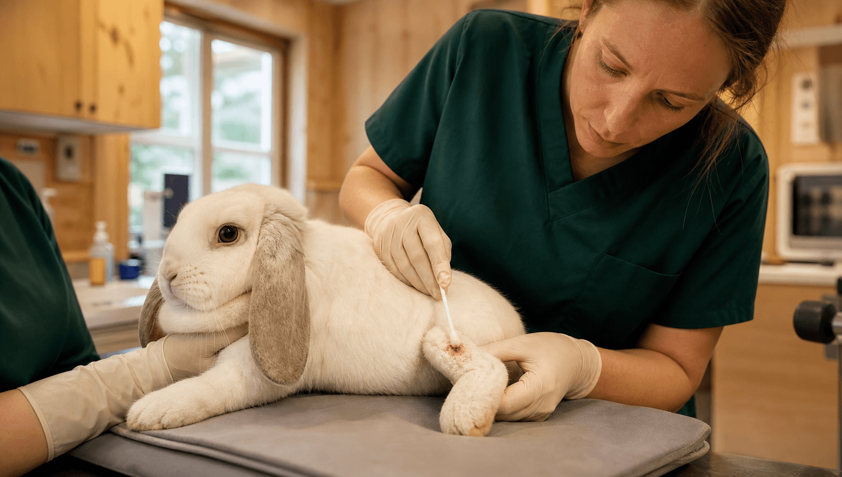 Sårvård kanin - veterinär rengör sår på kanin med koksalt.