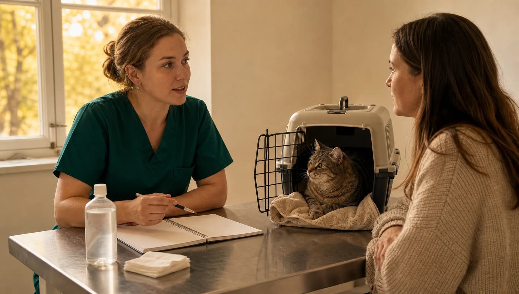Veterinär i mörkgröna scrubs går igenom pris för sårvård av katt.