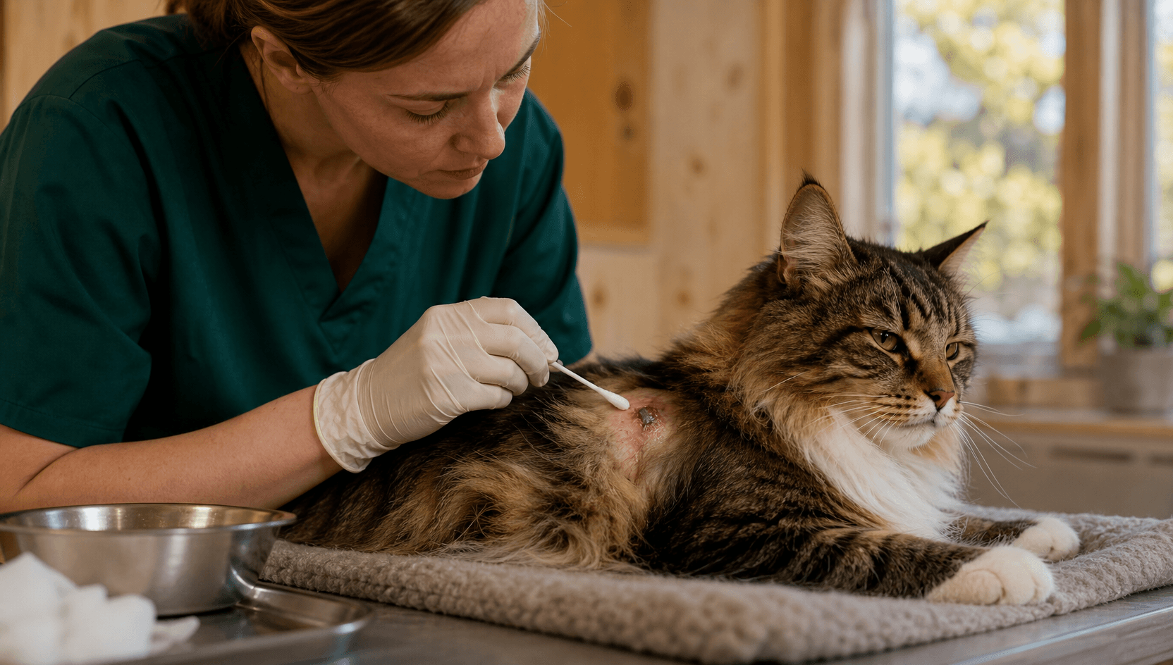Sårvård katt - veterinär rengör bitsår på katt med koksalt.