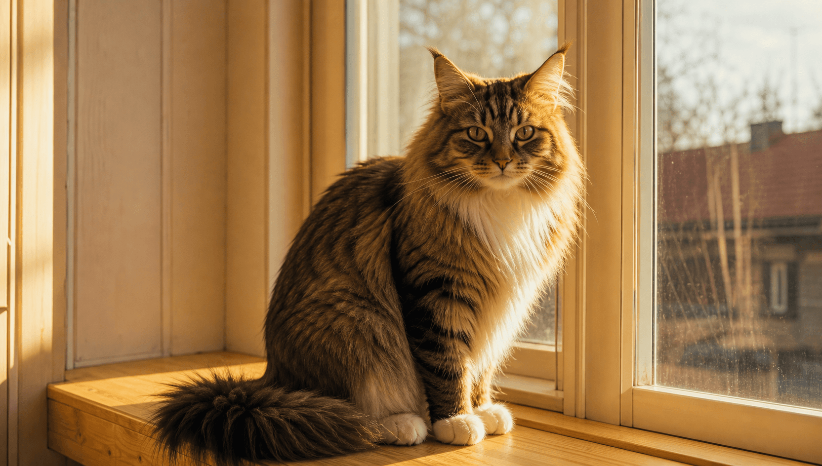 Frisk katt sitter vid fönster efter avslutad sårvård.