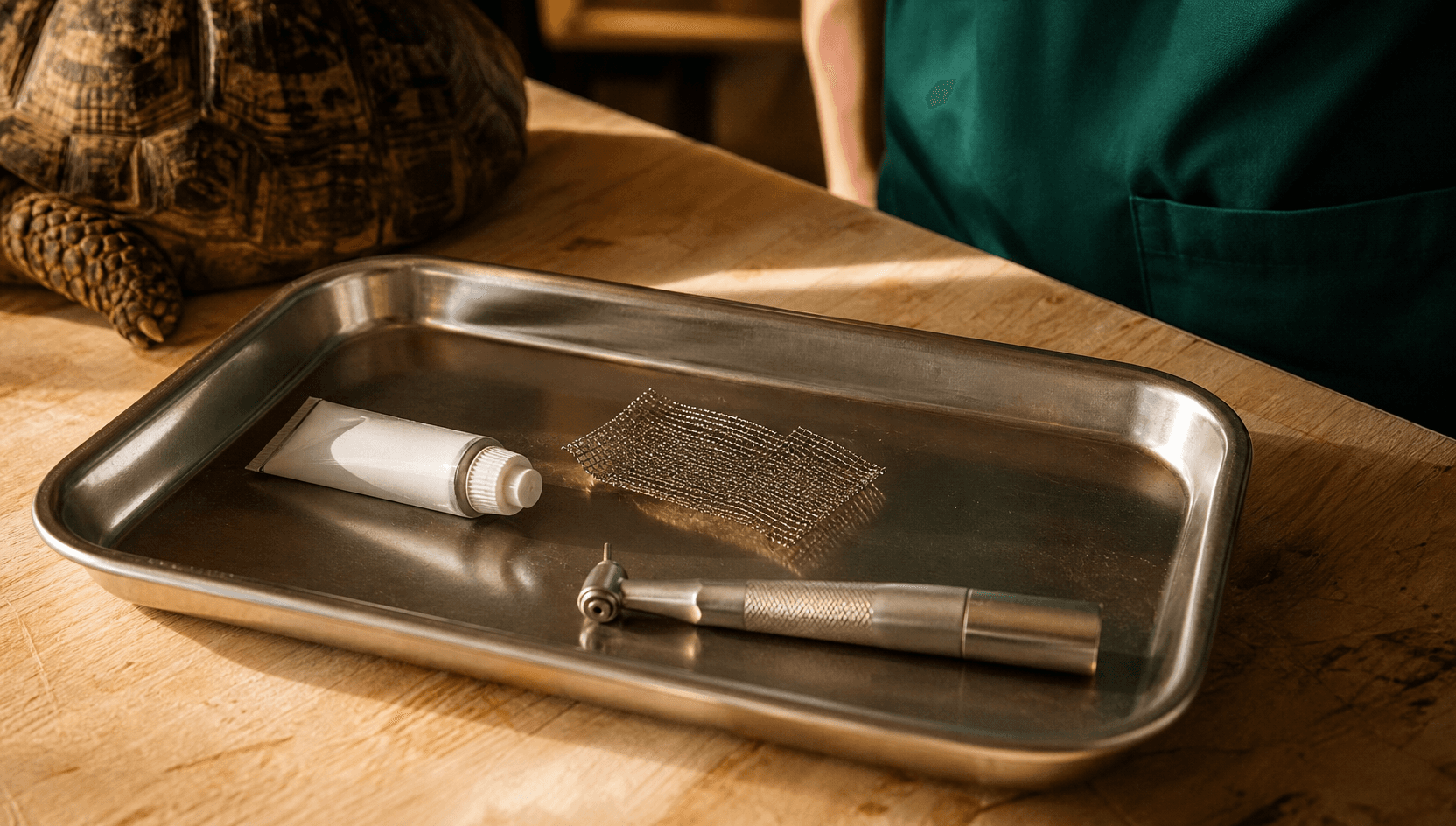 Närbild på en steril stålbricka med en tub veterinärepoxi, ett finmaskigt metallnät och ett litet tandborr-handstycke använt vid skalreparation.