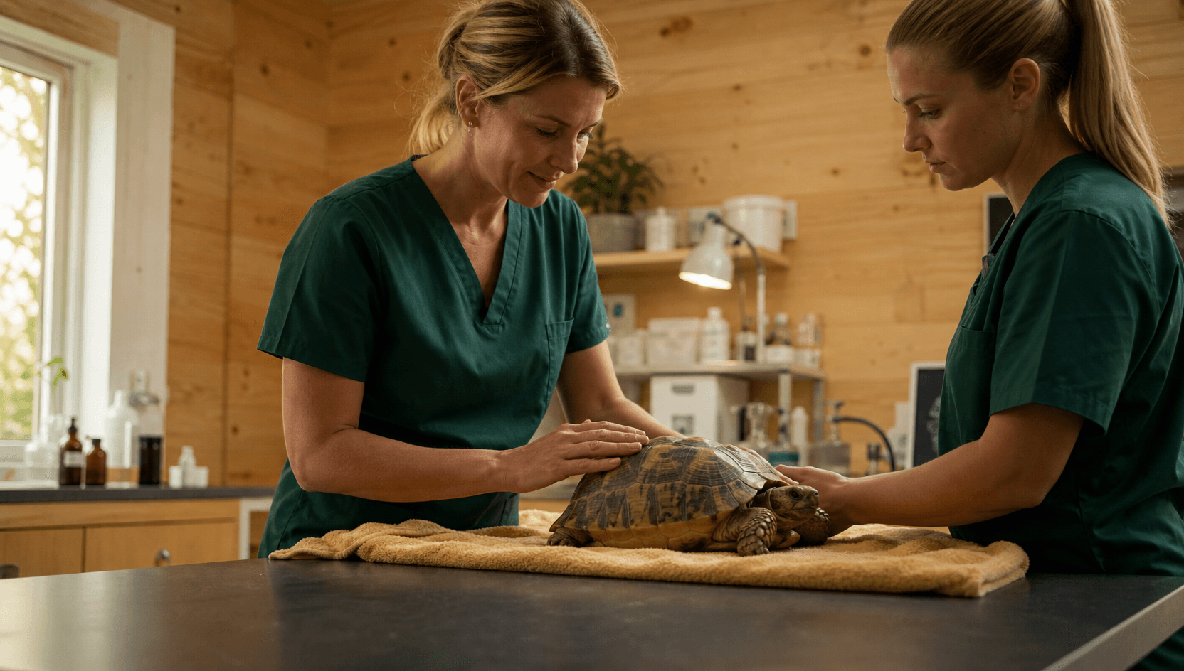 Två veterinärer i mörkgröna skrubbar undersöker försiktigt skalet på en lugn Hermanns sköldpadda på en mjuk handduk på undersökningsbordet i en svensk klinik.