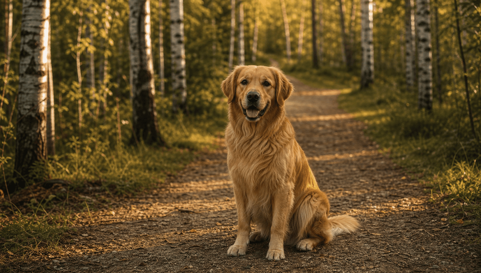 Vuxen Golden Retriever sitter pigg på björkstig i svensk skog med varmt eftermiddagsljus