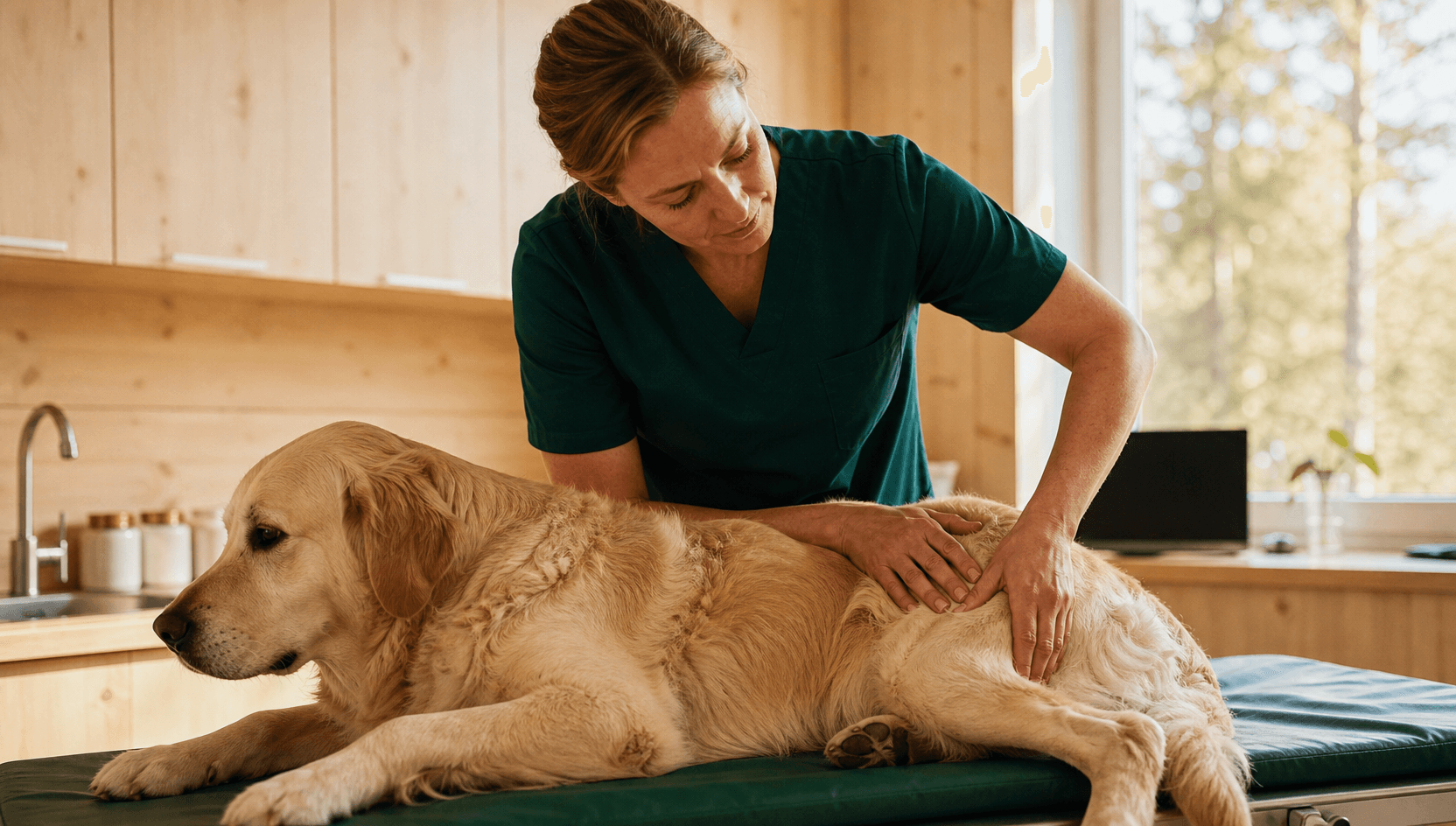 Smärtlindring — veterinär palperar Golden Retrievers höftled för att hitta ömma områden