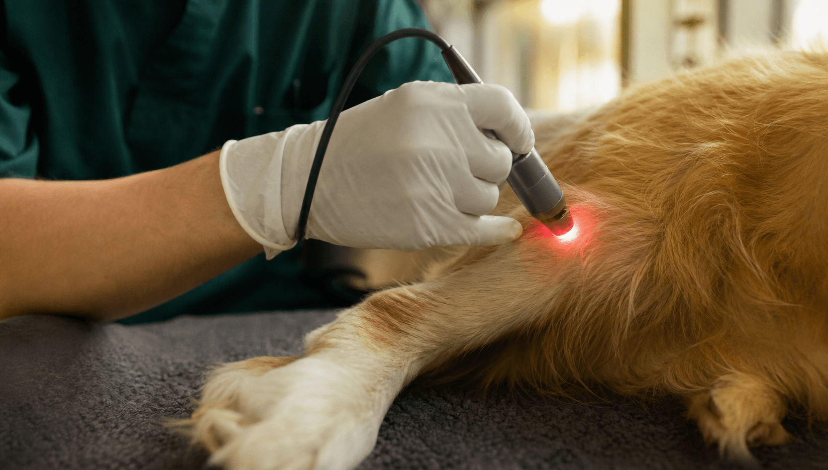 Närbild av kallaserterapi på hunds bakben — handhållen laserprob med röd glöd över leden