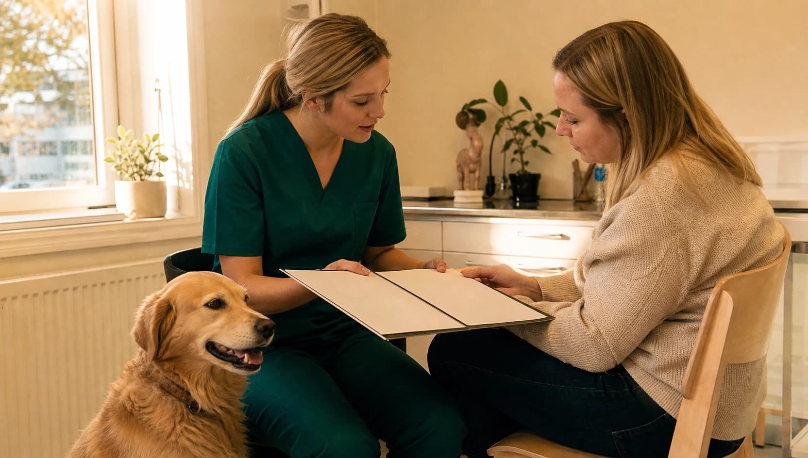 Veterinär i mörkgröna scrubs går igenom smärttecken och prisfrågor med djurägare.