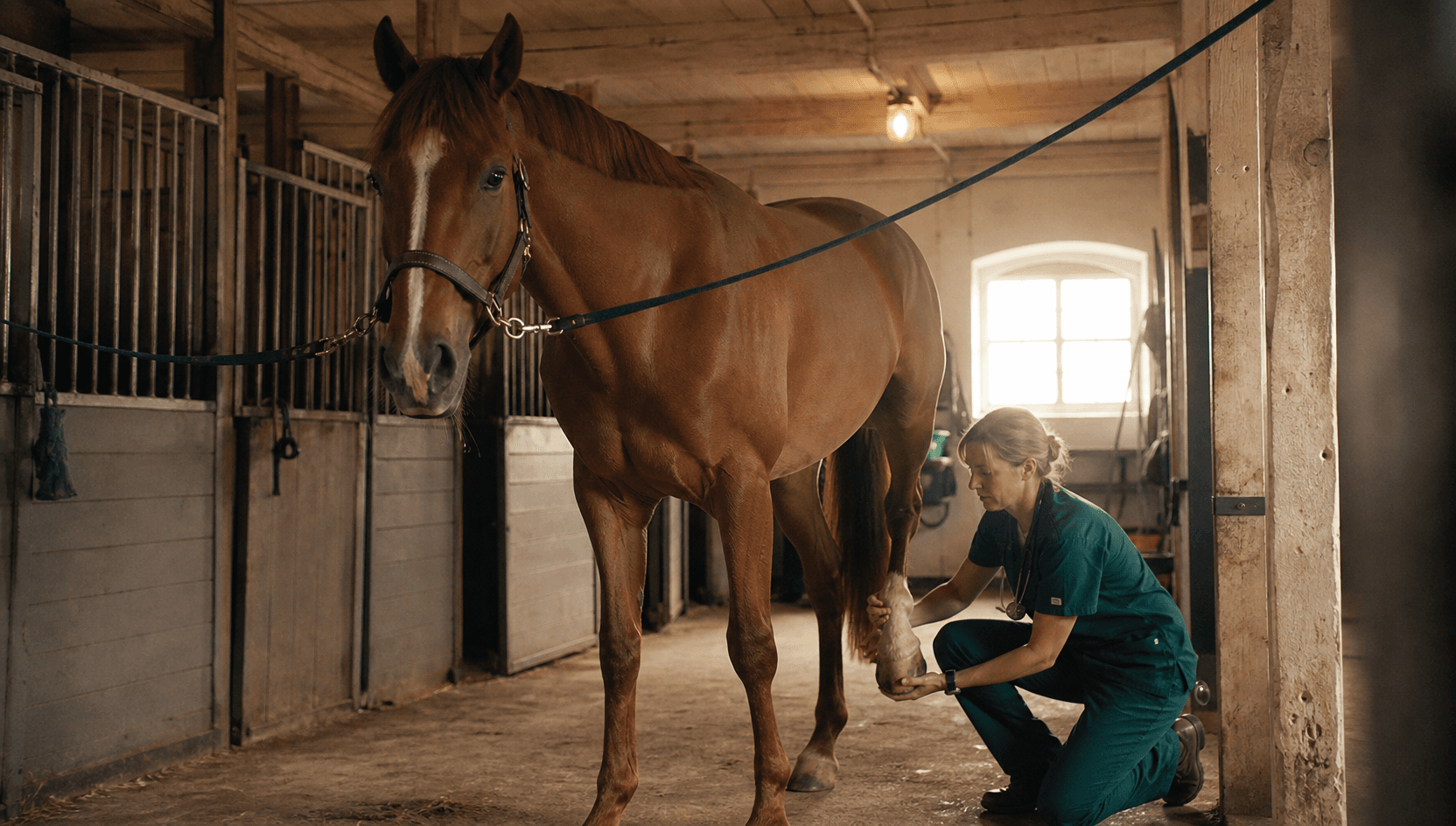 Veterinär gör en lugn hältbedömning av hästens ben.