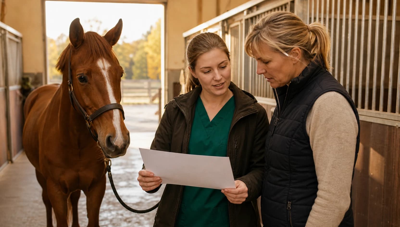 Hästveterinär i mörkgröna scrubs diskuterar smärtsymtom och pris med hästägare i stall.