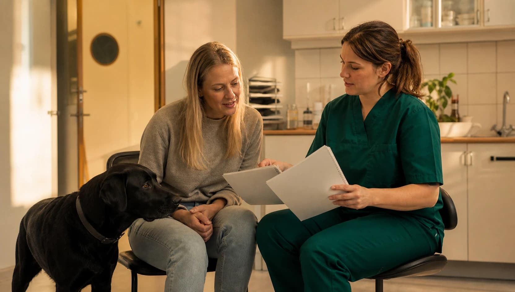 Veterinär i mörkgröna scrubs visar hur hundägare kan beskriva smärta och prisfrågor.