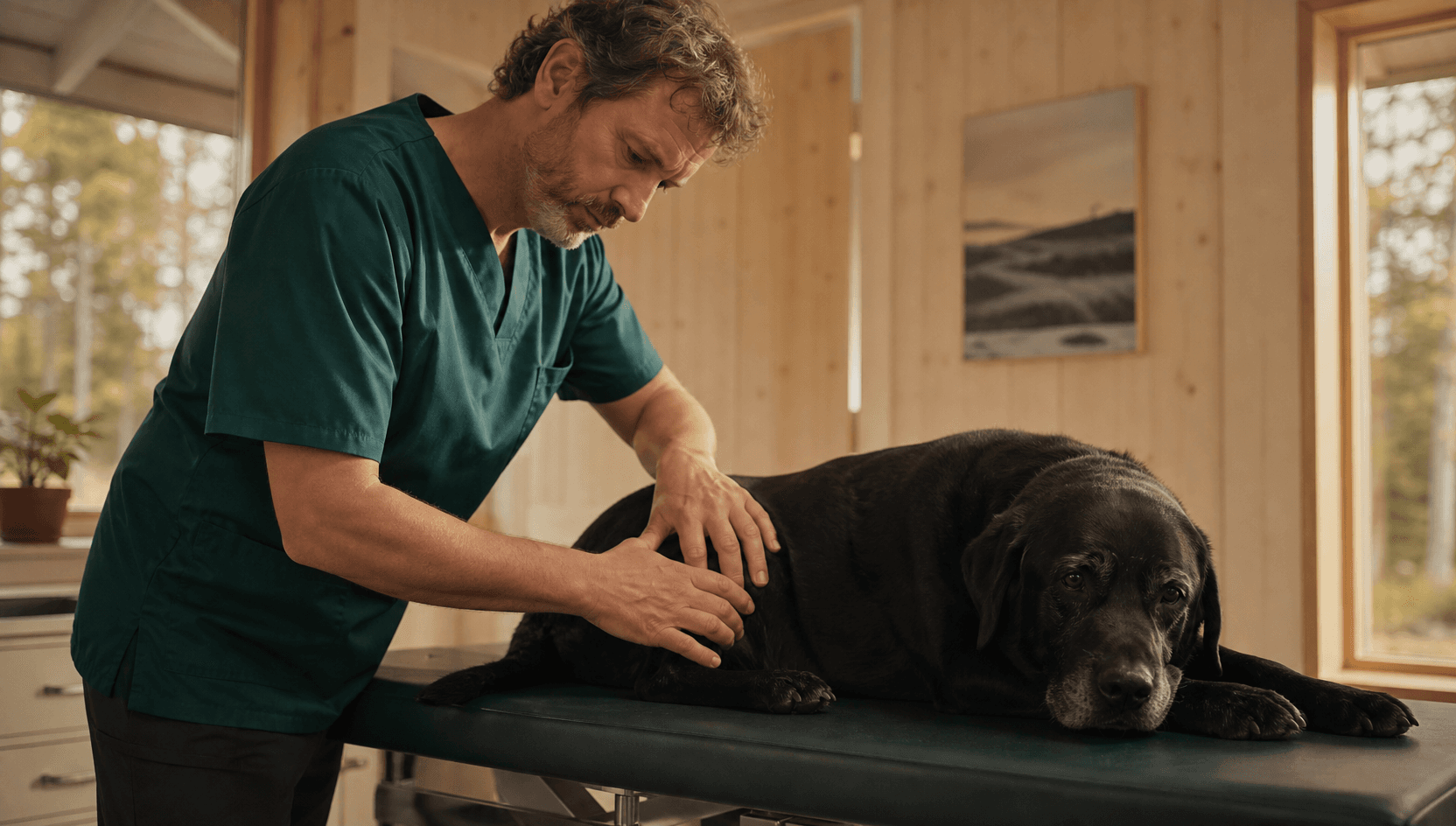 Veterinär känner försiktigt igenom hundens höft och rygg.