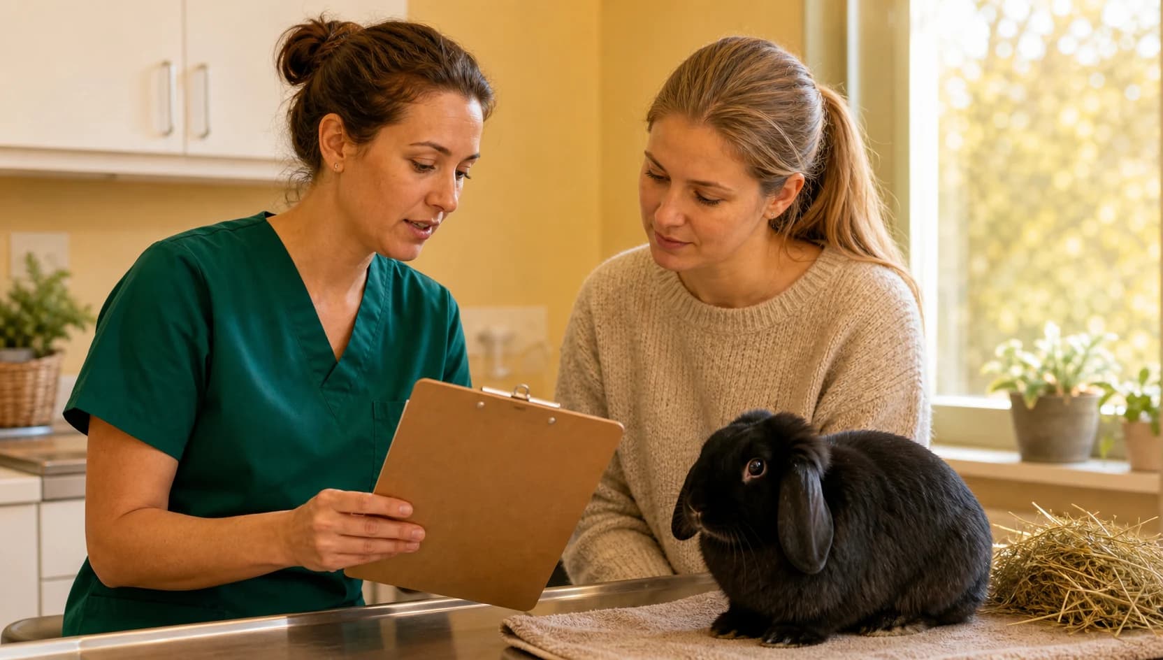 Veterinär i mörkgröna scrubs går igenom aptit, bajs och prisfrågor för kanin.