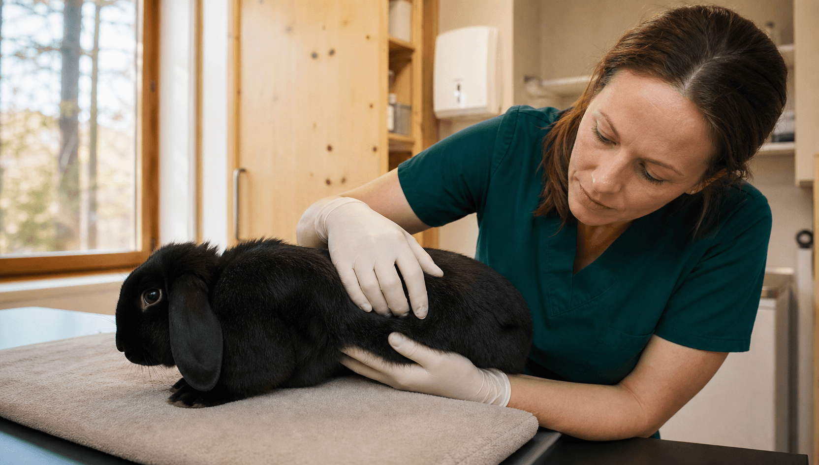 Veterinär undersöker kanin varsamt för att hitta smärttecken.