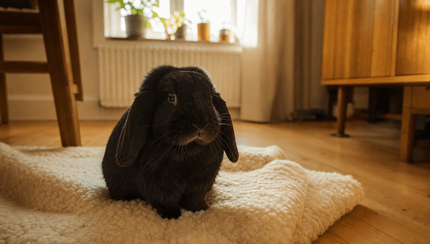 Kanin sitter alert hemma efter trygg smärtbehandling.