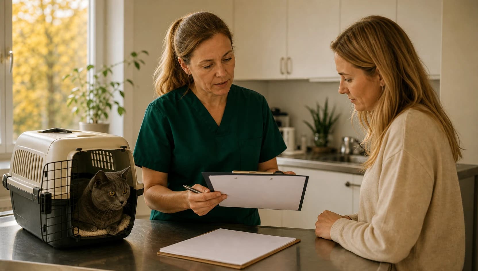 Veterinär i mörkgröna scrubs går igenom kattens smärttecken och prisfrågor.