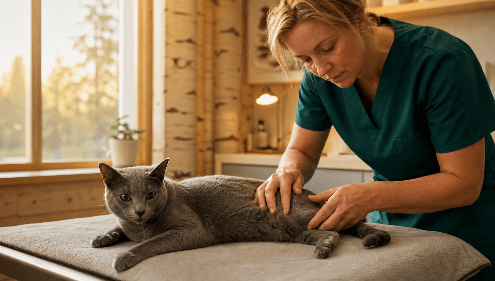 Veterinär undersöker varsamt kattens höft och rygg.