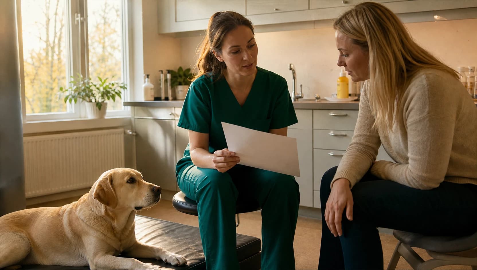 Veterinär i mörkgröna skrubbar jämför viktbaserat pris för sterilisering av hund med hundägare.