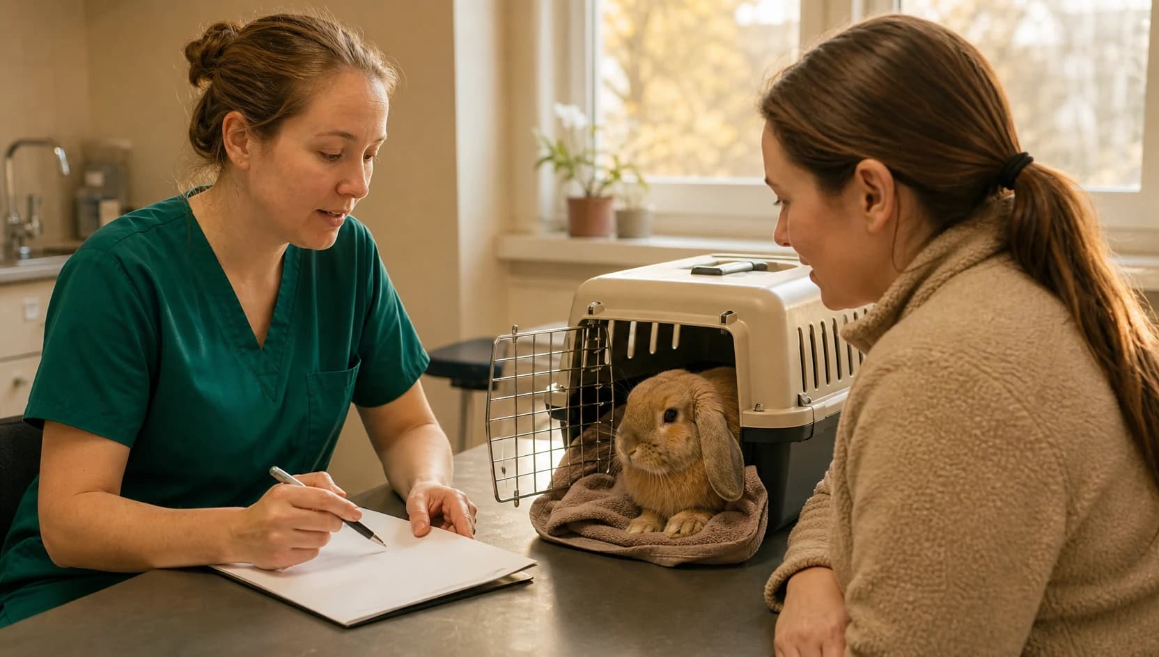Veterinär i mörkgröna skrubbar jämför pris för sterilisering av honkanin med kaninägare.