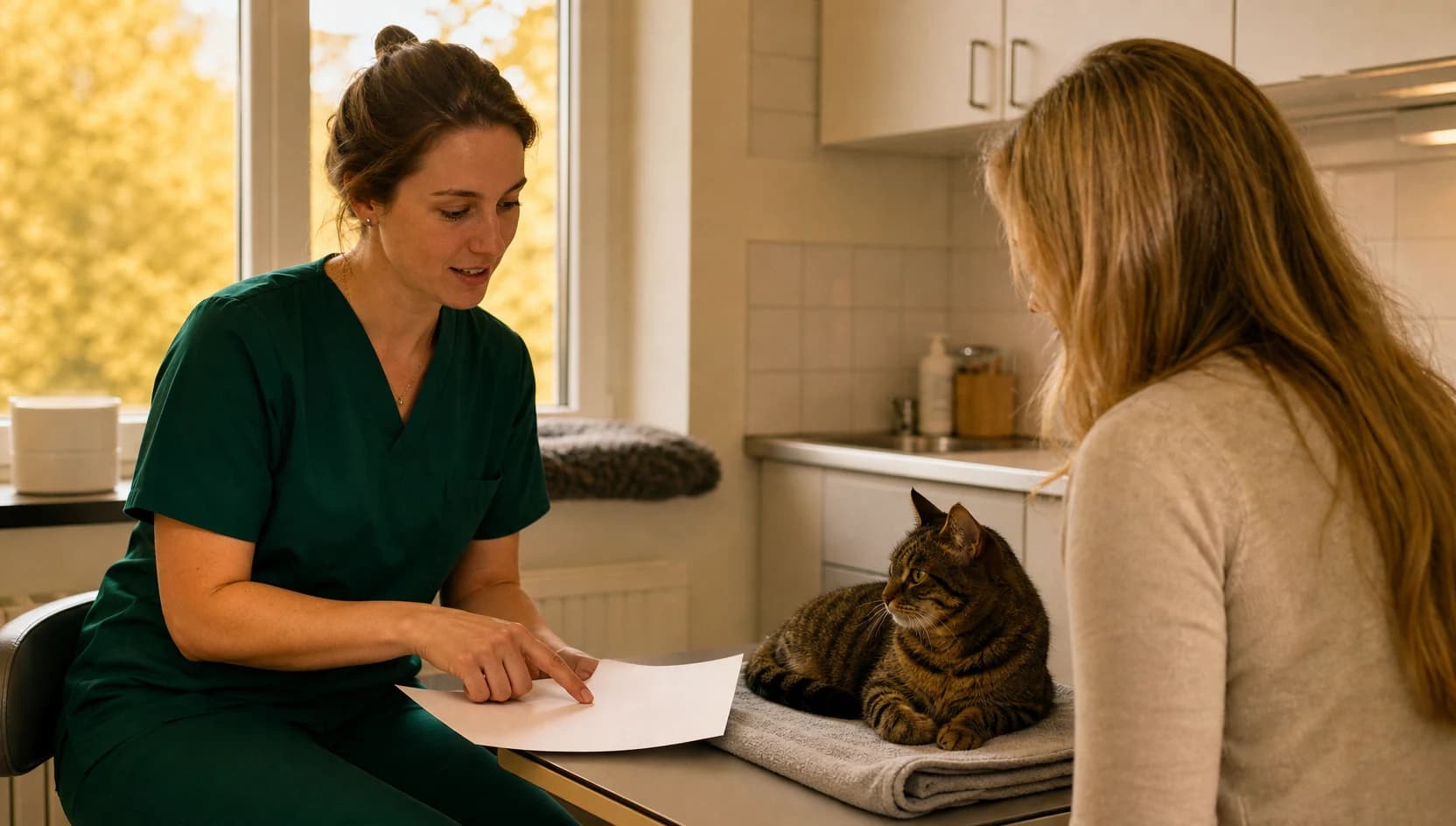 Veterinär i mörkgröna skrubbar jämför pris för sterilisering av honkatt med kattägare.