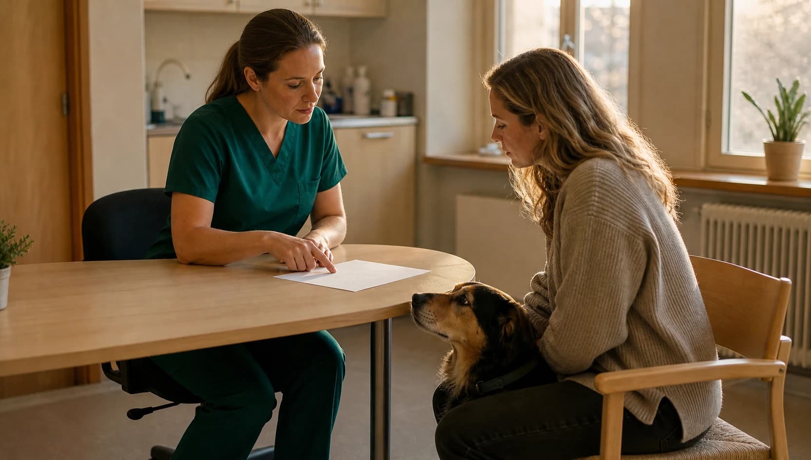 Veterinär i mörkgröna skrubbar jämför priser för sterilisering av djur med djurägare.