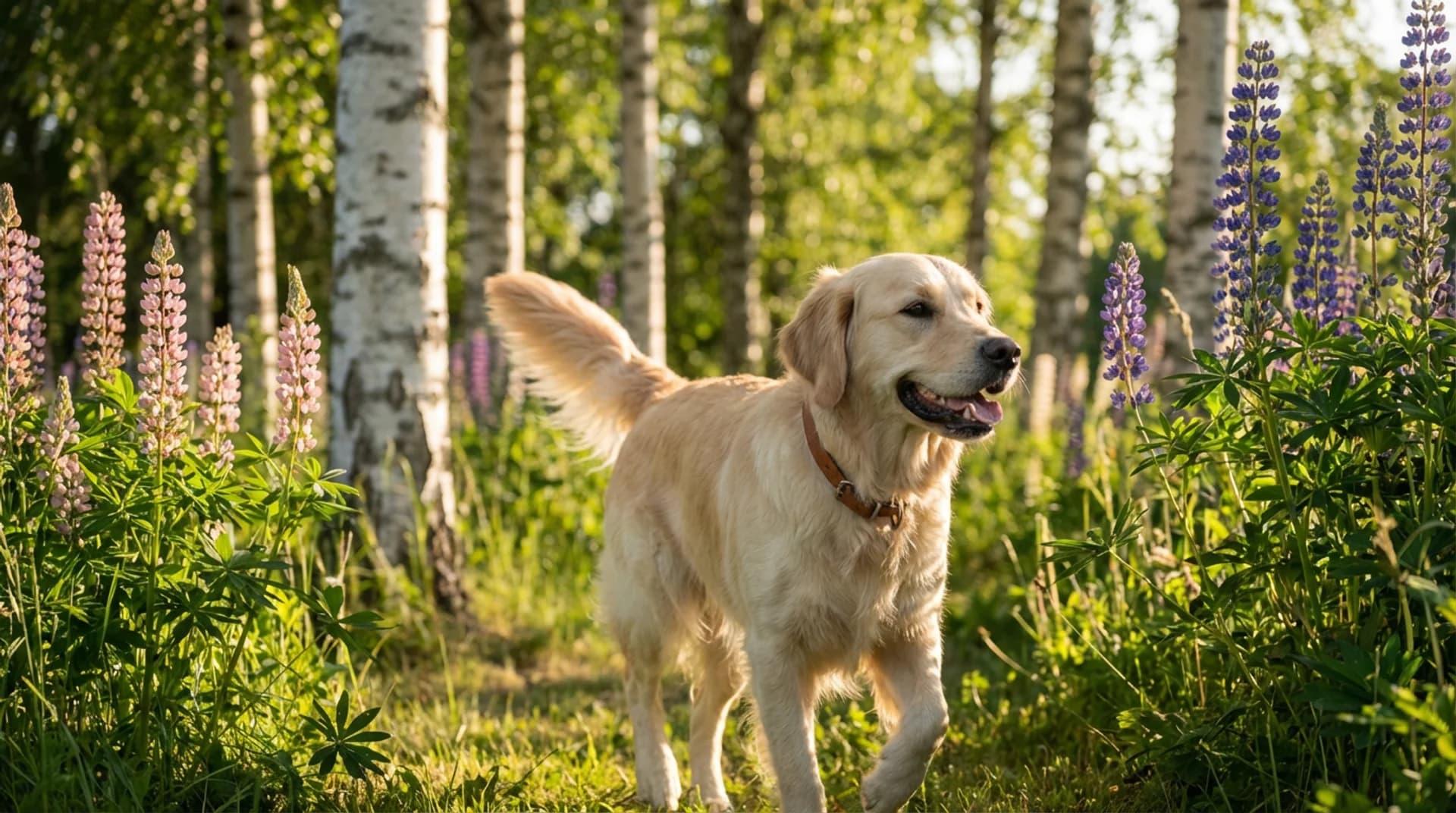 Sterilisering förändrar inte personligheten — frisk golden retriever i svensk trädgård efter full återhämtning