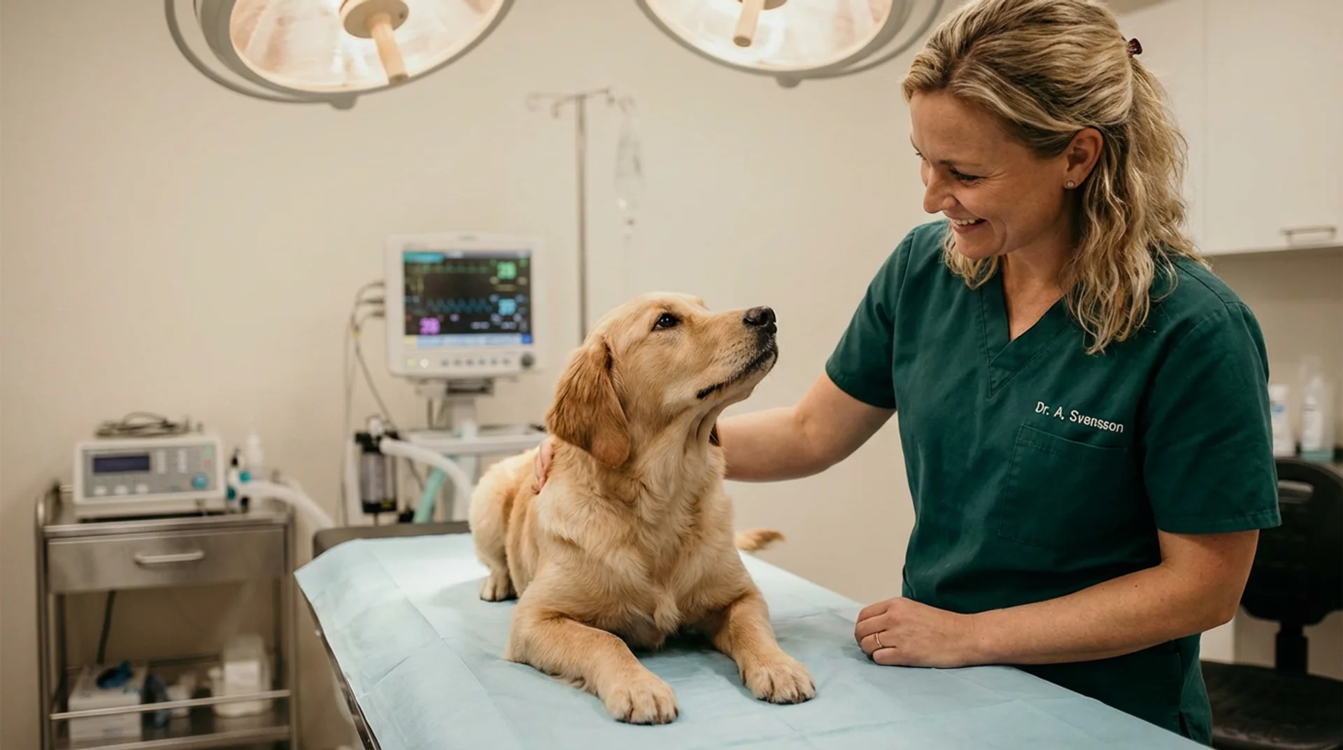 Sterilisering av djur — veterinär undersöker golden retriever före operationen på svensk klinik