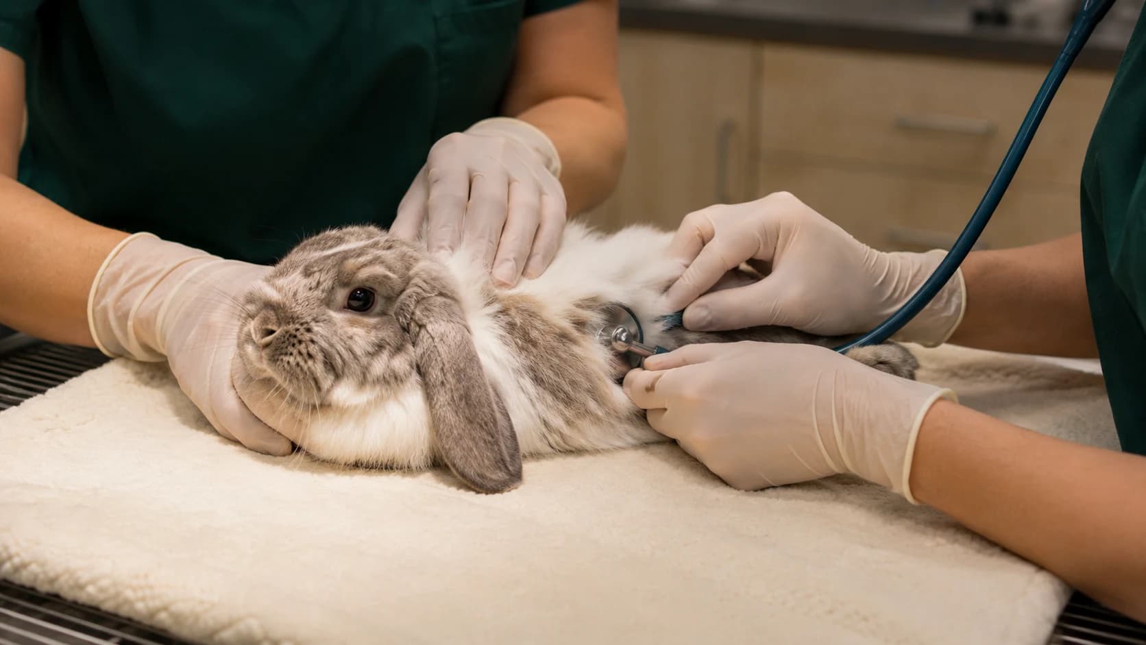 Veterinär kontrollerar hjärtfrekvens på kanin inför sterilisering.