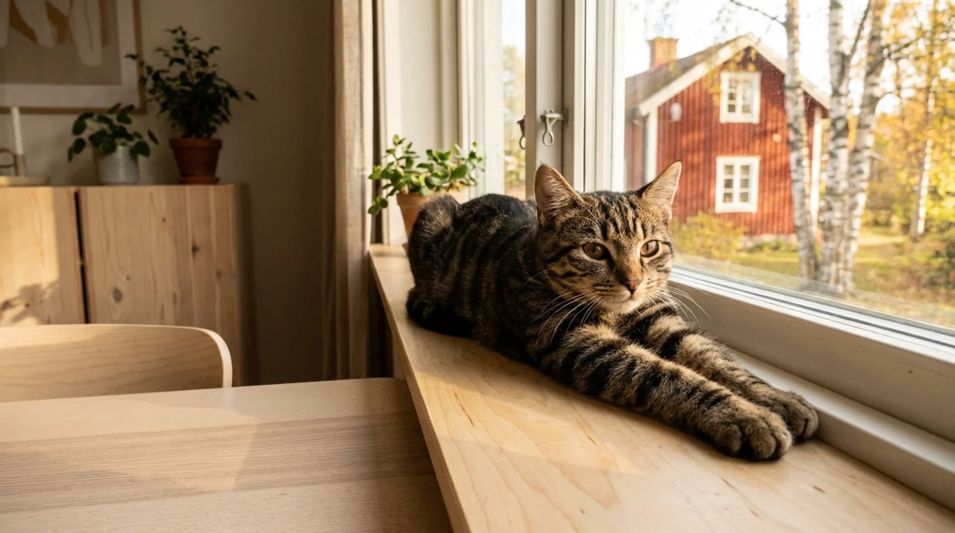 Återhämtad efter sterilisering — tabby-katt vilar avslappnat på fönsterbräda med röd stuga och björkar utanför