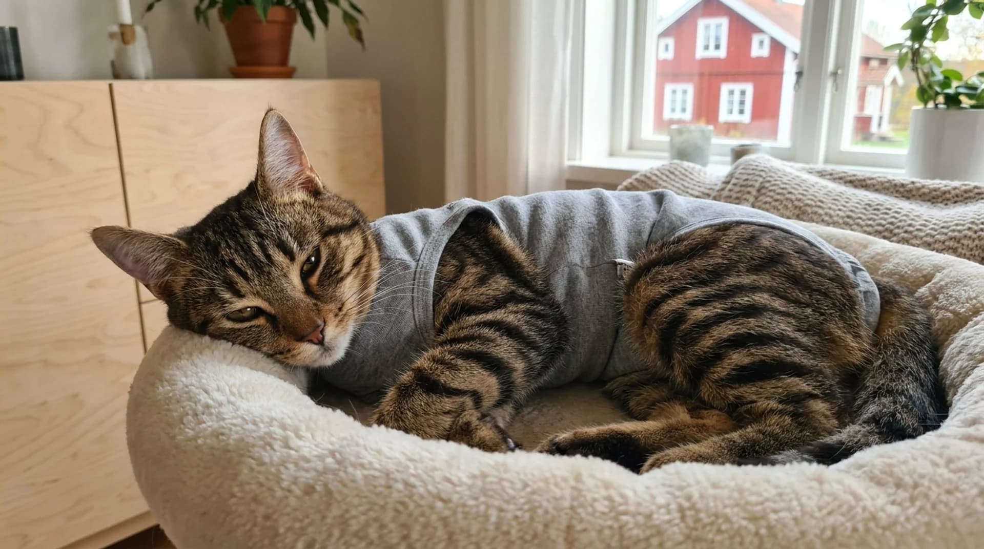 Sterilisering av katt — tabby i mjuk återhämtningsdräkt vilar i kattbädd hemma dagen efter