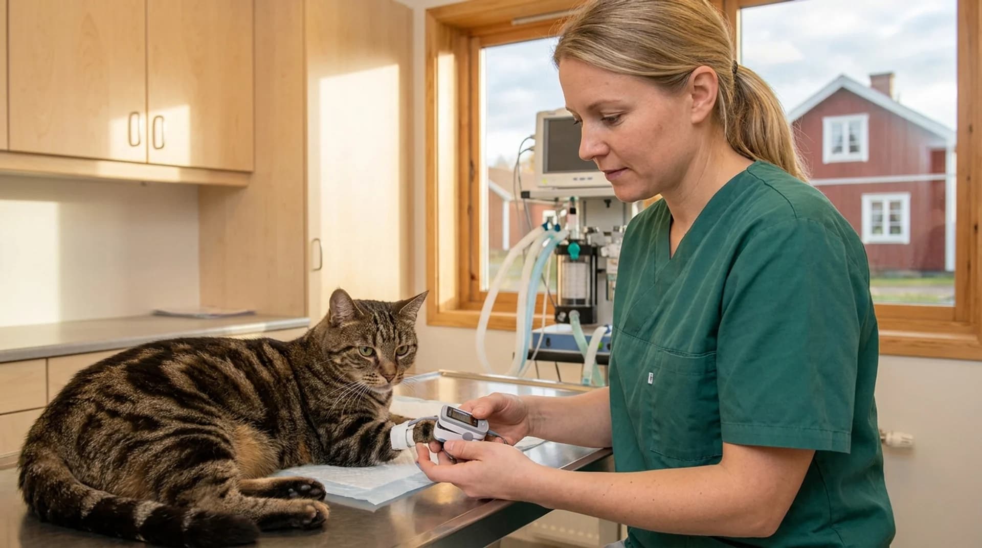Sterilisering av katt — tabby i återhämtningsdräkt vilar hemma efter operationen