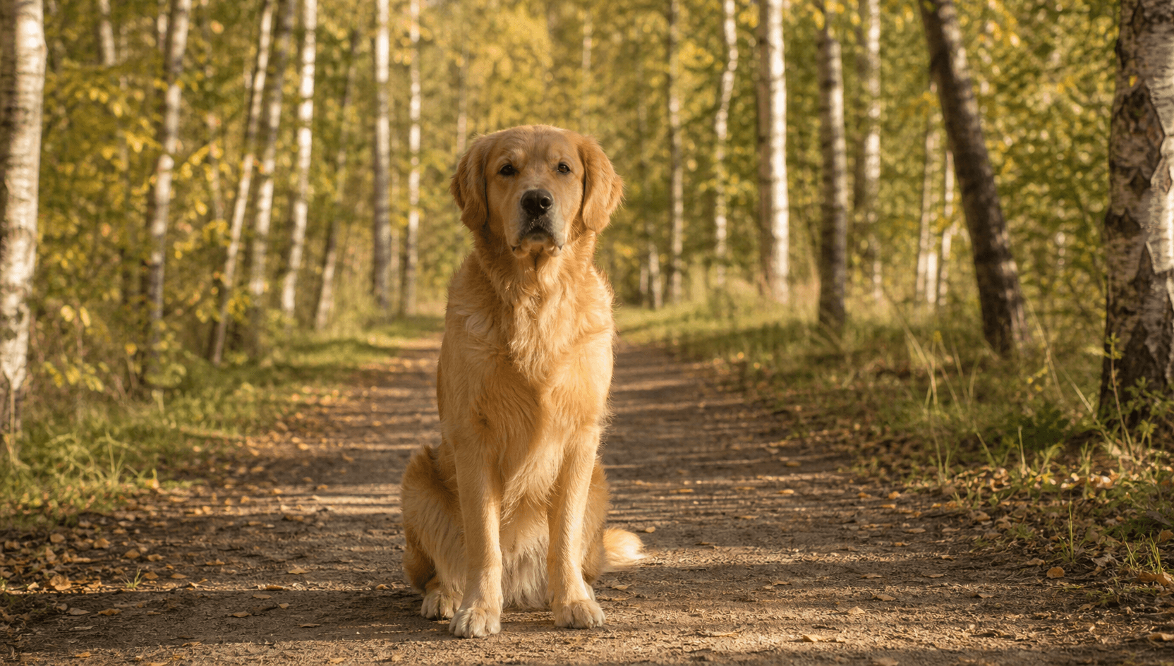 Frisk Golden Retriever sitter pigg på björkstig i svensk skog efter tandextraktion