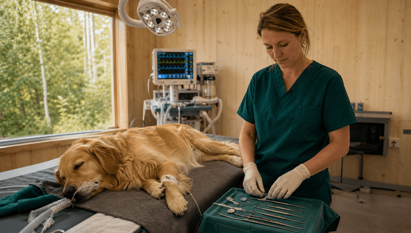 Tandextraktion — veterinär förbereder sterila instrument vid sövd golden retriever på dentalbord