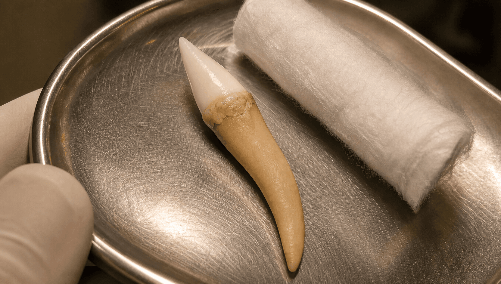 Extraherad hundtand — närbild av hörntand med pärlemorvit krona, tandstensbälte vid tandköttslinjen och lång svängd rot på steril skål