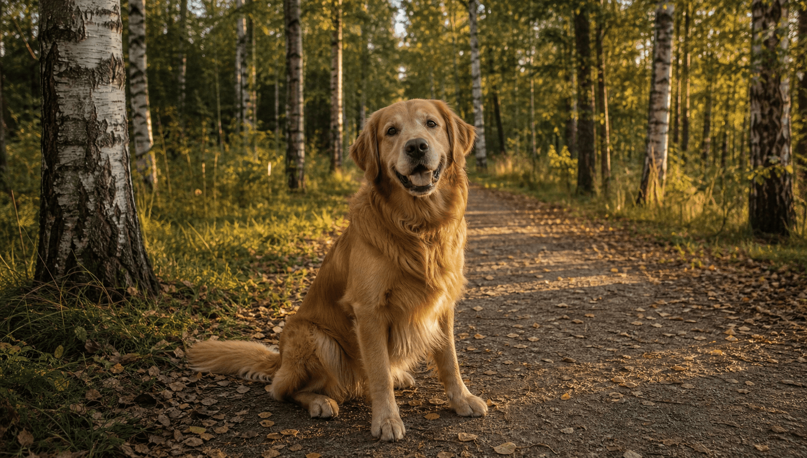 Frisk golden retriever sitter pigg på björkstig i svensk skog vid varmt eftermiddagsljus efter tandextraktion