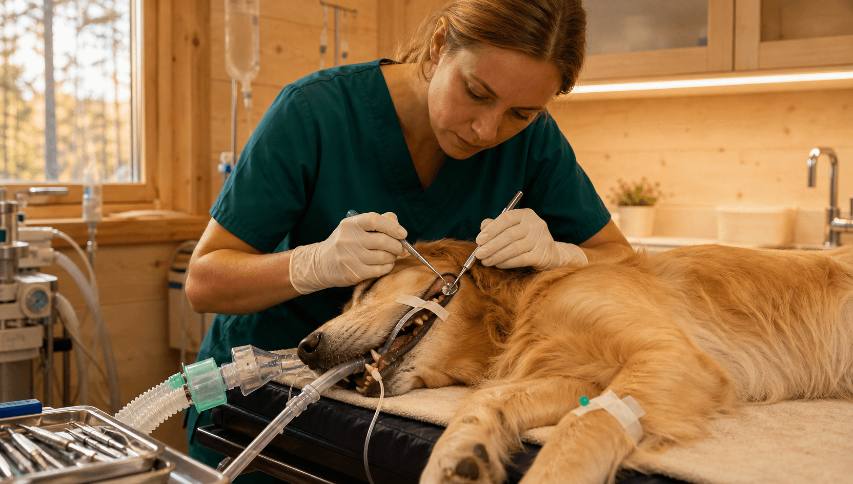 Tandextraktion på golden retriever under narkos — veterinär lossar problemtanden med elevator och tandspegel