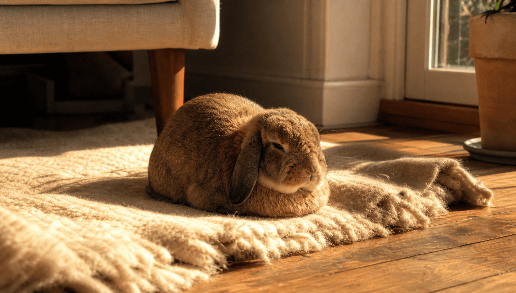 Frisk chestnut Holland Lop-kanin vilar avslappnat i tasstuckad loafsittning på ullmatta i svenskt hem vid varmt eftermiddagsljus