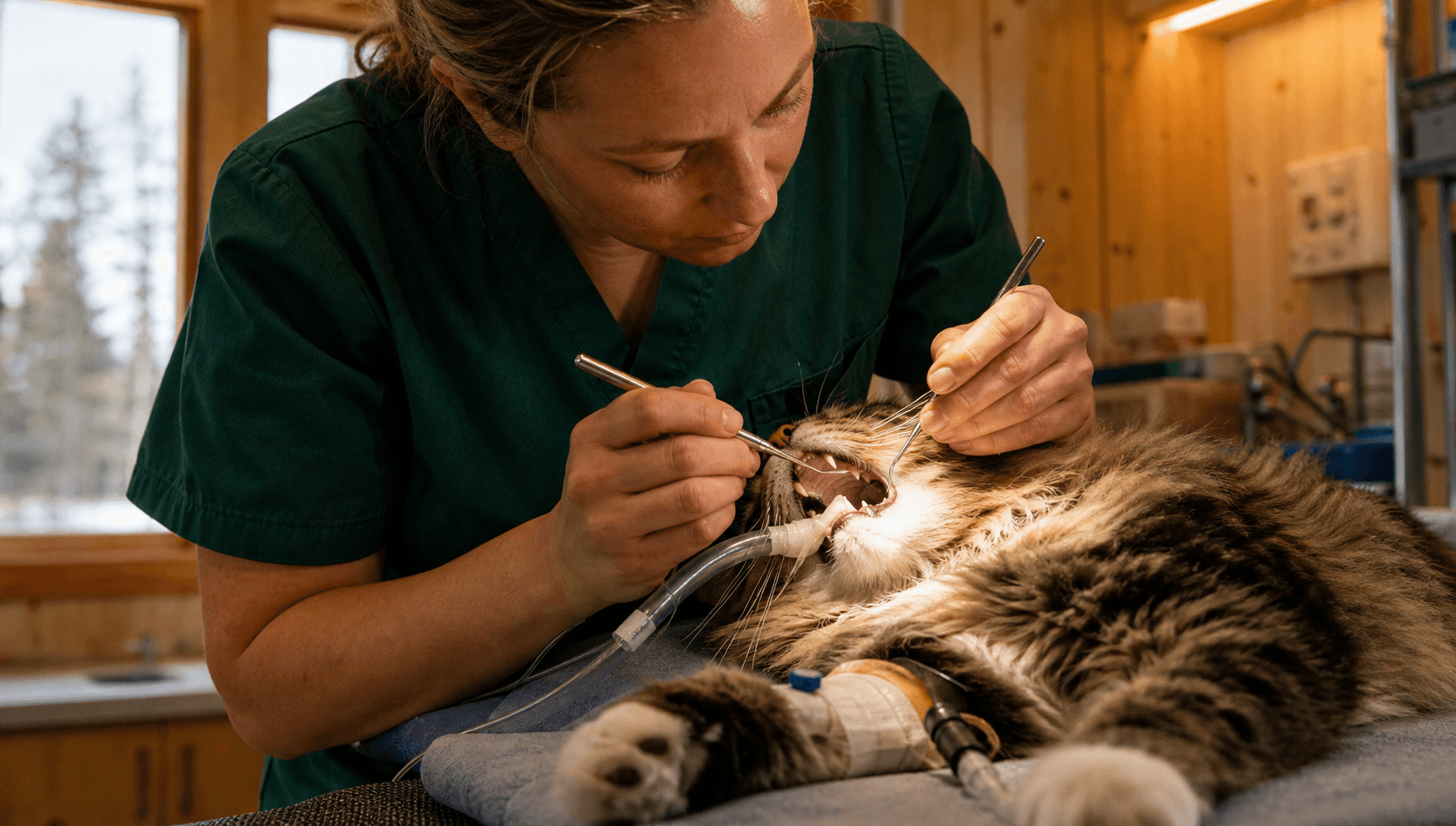Tandextraktion på skogskatt under narkos — veterinär lossar problemtanden med elevator och tandspegel