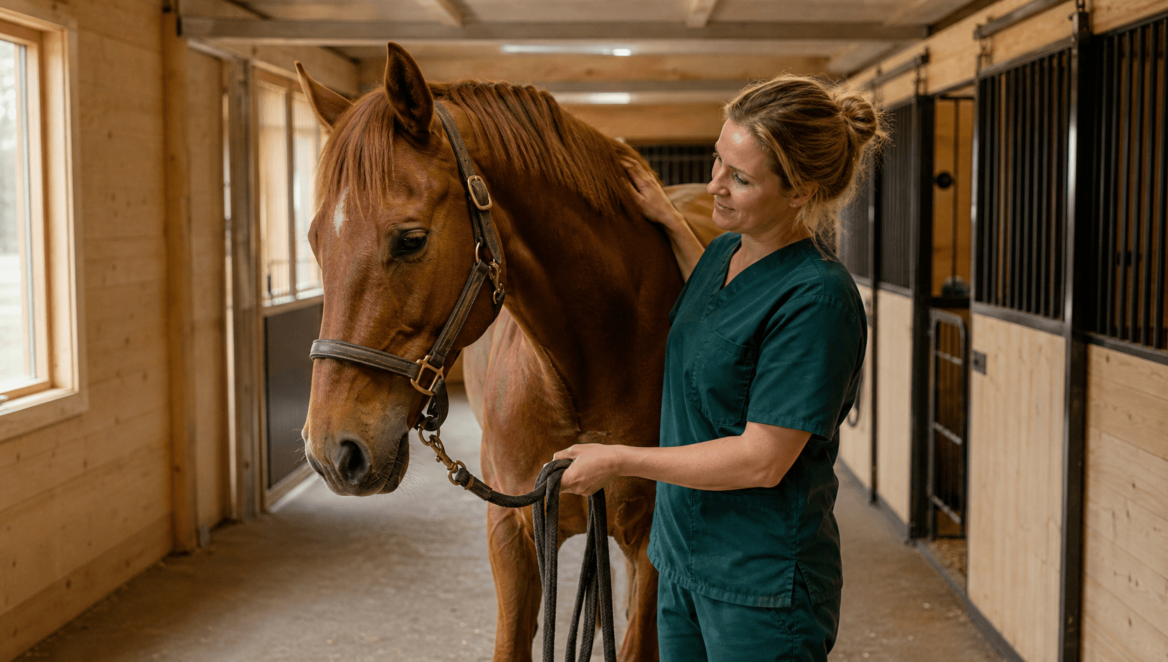 Veterinär i mörkgröna skrubbar står lugnt vid en fuxfärgad svensk varmblodshäst i en svensk stallgång med björkträ — handen vilar mjukt på halsen.