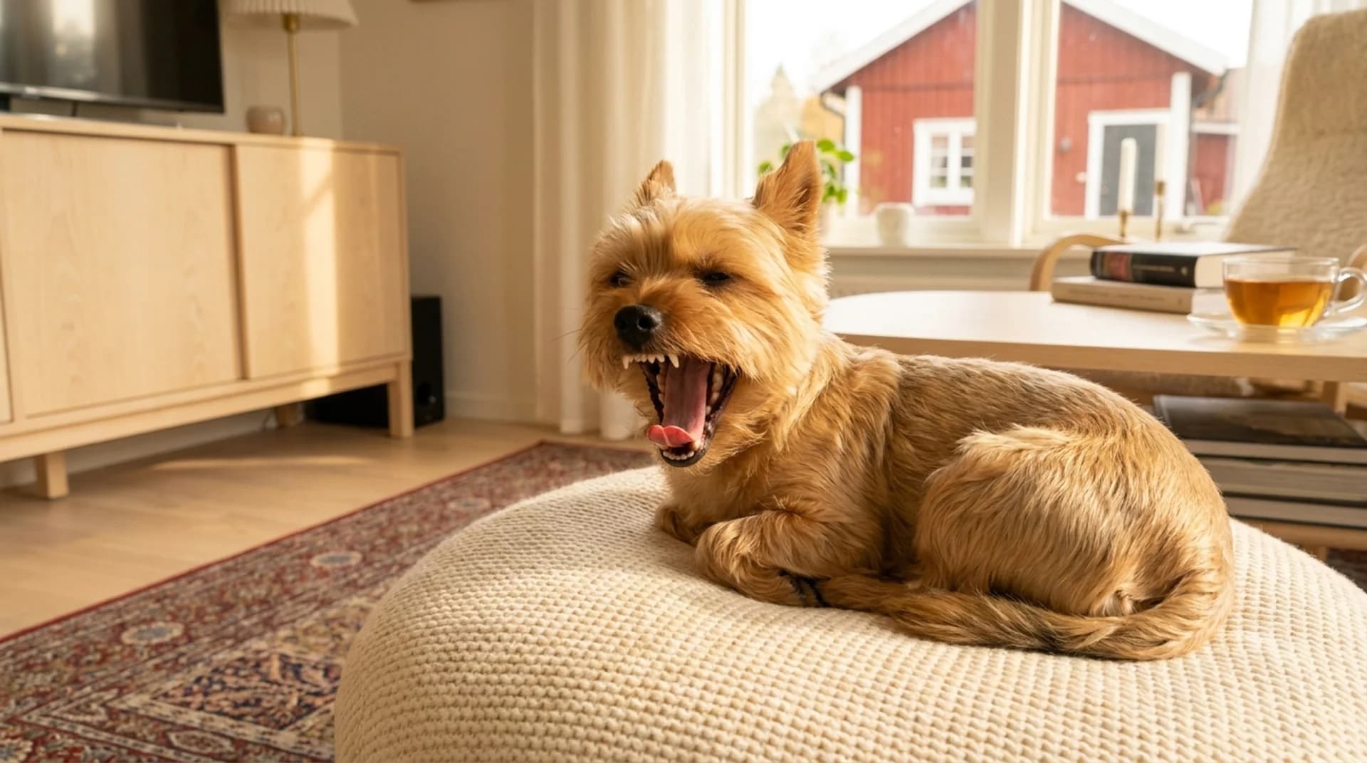 Rena tänder efter tandrengöring — liten hund gäspar och visar vita tänder hemma