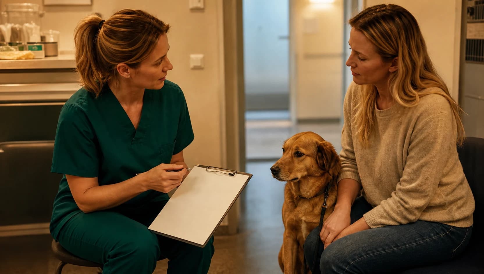 Veterinär i mörkgröna scrubs förklarar pris för tandrengöring av hund.