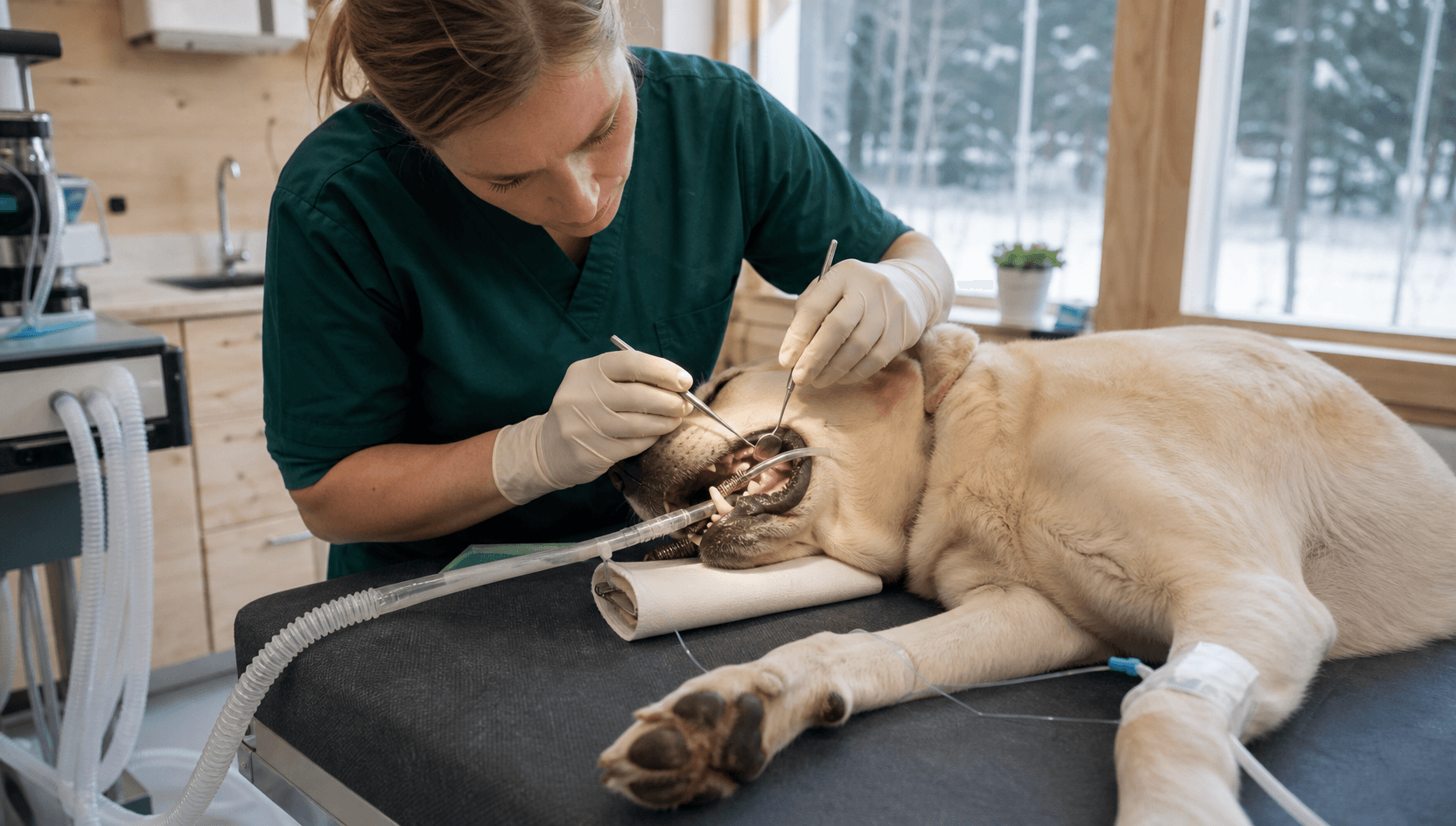 Veterinär rengör tänder under övervakad narkos.