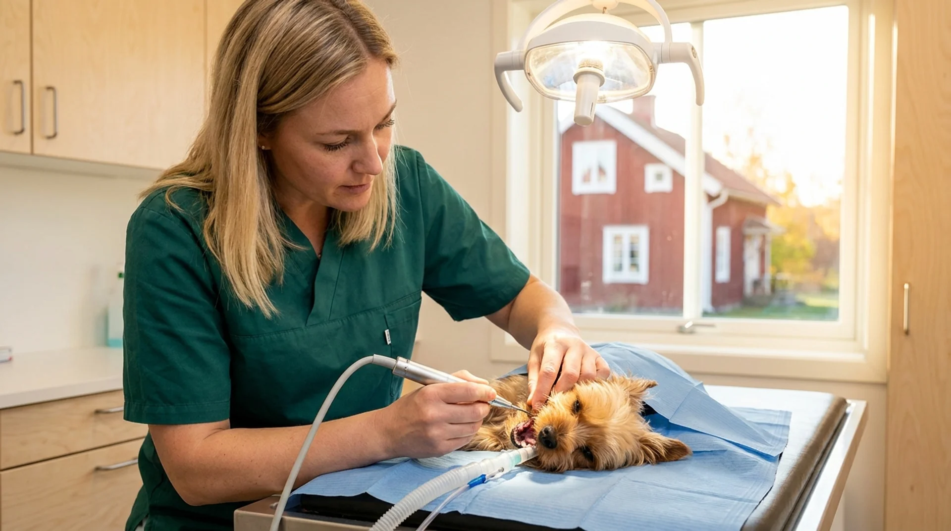Tandrengöring av hund — veterinär använder ultraljudsscaler under narkos