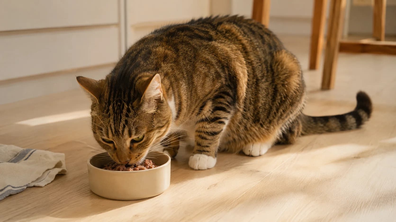 Katt äter hemma efter tandrengöring och smärtlindring.